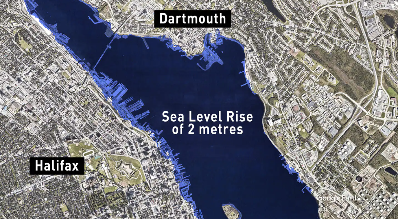 A map of the Halifax harbour showing a scenario with a 2 metre sea level rise. Much of the waterfront area is blue, indicating that it would be underwater in this scenario.
