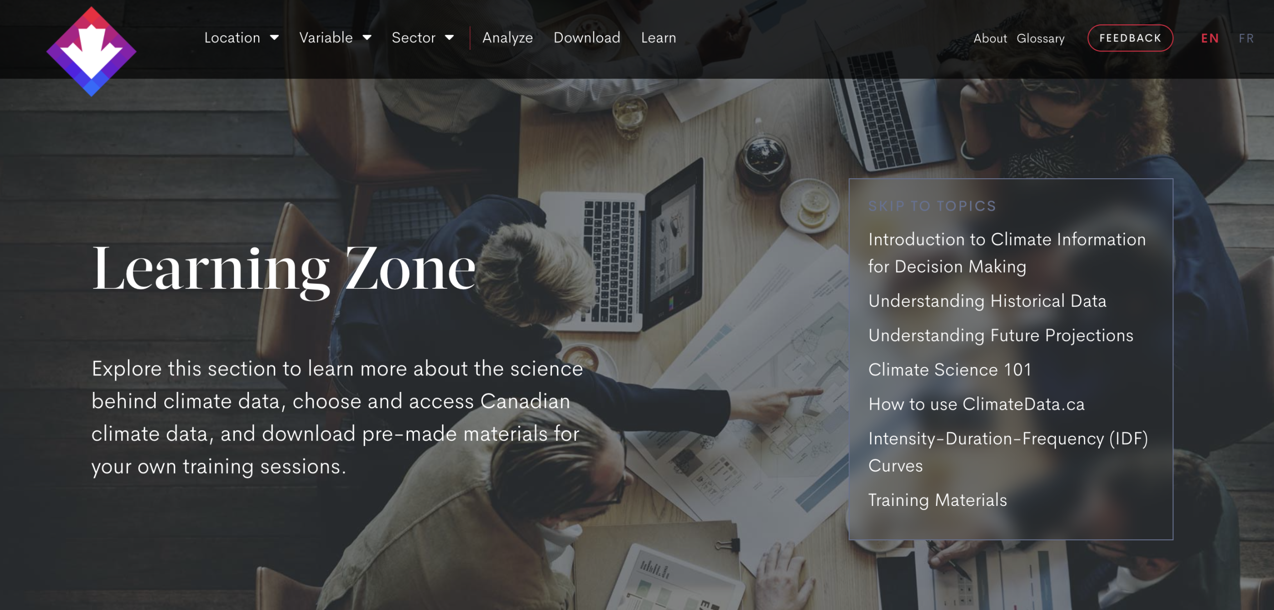 A screenshot of the ClimateData.ca Learning Zone webpage.