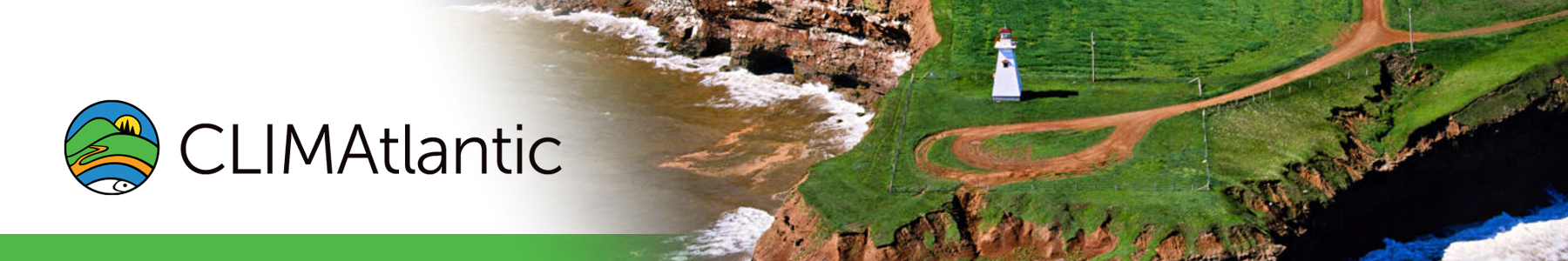 The text "CLIMAtlantic" and the CLIMAtlantic logo next to an aerial image of a coastline with a lighthouse.