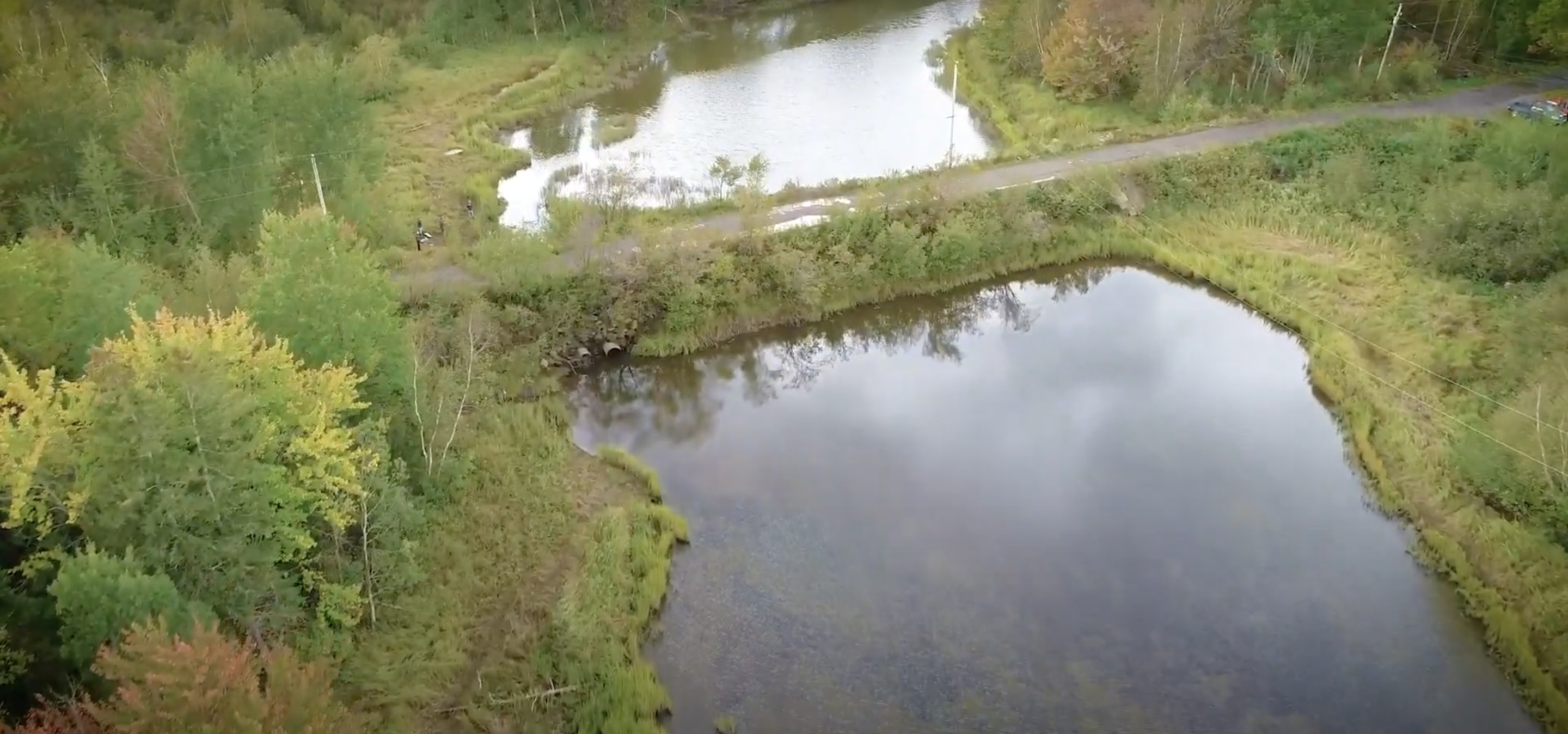 Vue aérienne d'une rivière. Un pont terrestre traverse la rivière, obstruant l'écoulement de l'eau de part et d'autre. 