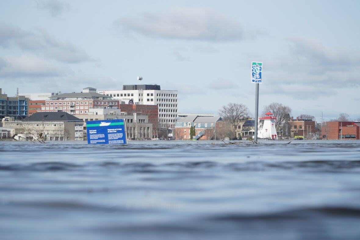 Fredericton, N.-B., avec des eaux de crue au premier plan.