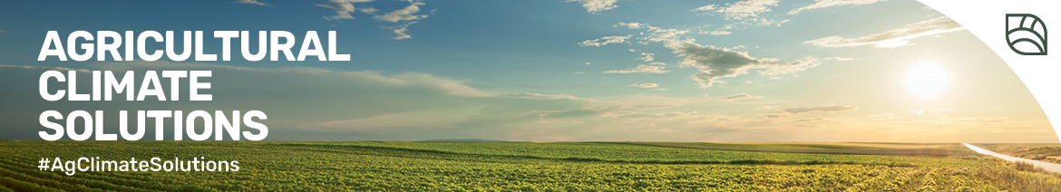 Text reads "Agricultural Climate Solutions #AgClimateSolutions." In the background is a landscape of an agricultural field.