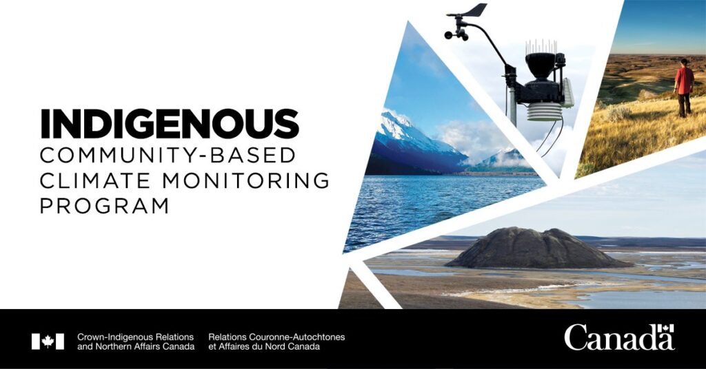 CLIMAtlantic-Indigenous-Community-Climate-Fund Text reads "Indigenous Community-Based Climate Monitoring Program." To the right is a collage of outdoor landscapes. Below is the Government of Canada logo and the words "Crown-Indigenous Relations and Northern Affairs Canada."