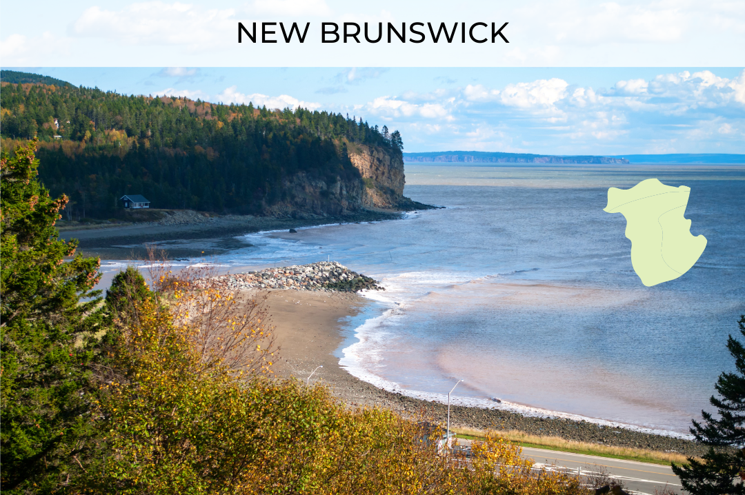 A coastal scene with cliffs in the midground and background. Text above reads "New Brunswick", and there is a map of NB in the right of the image.