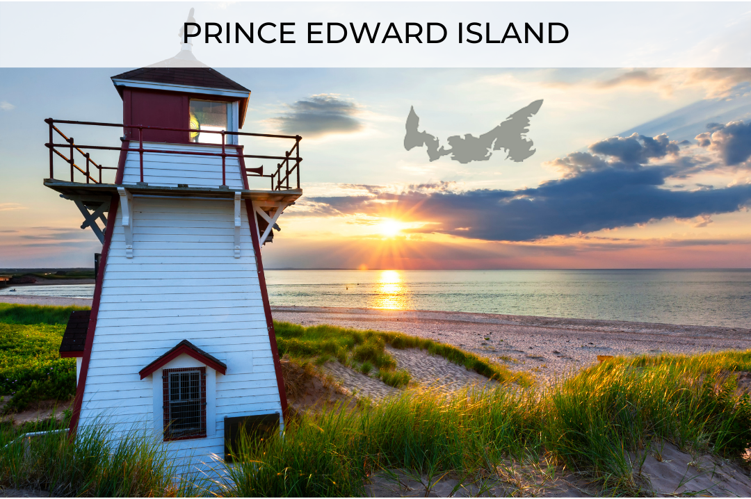 A lighthouse and beach in front of an ocean sunset. Text above reads "Prince Edward Island", and there is a map of PEI at the top of the image.
