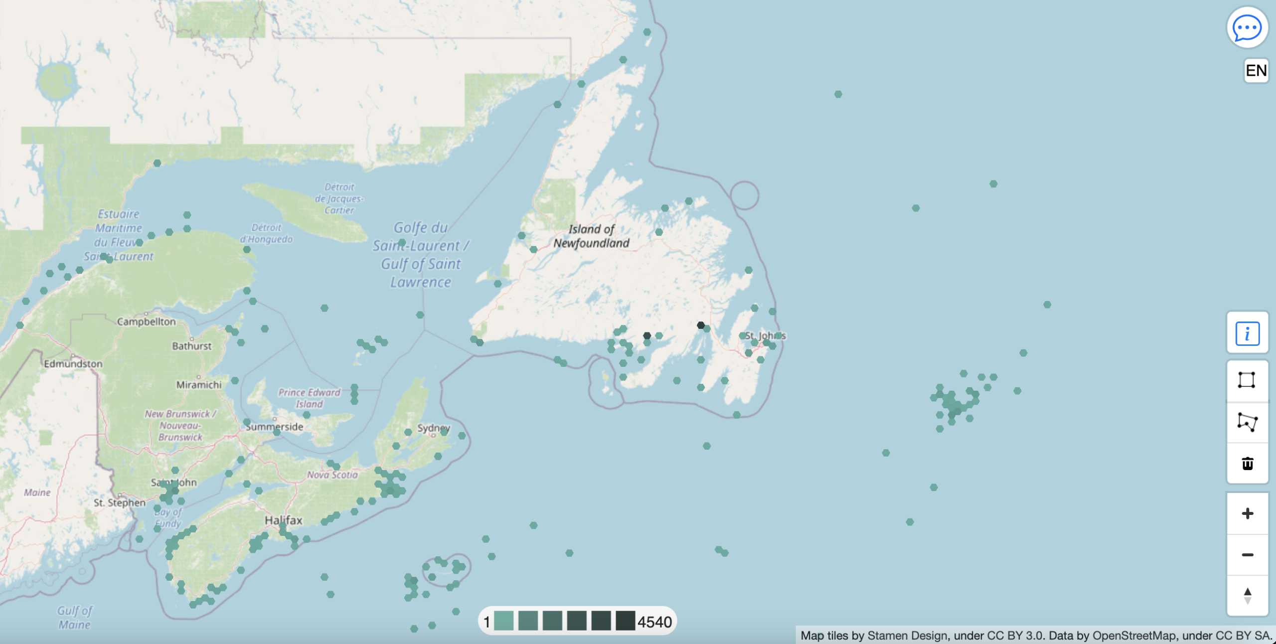 A map of the ocean around Atlantic Canada, with dots in various shades of turquoise scattered around the map.