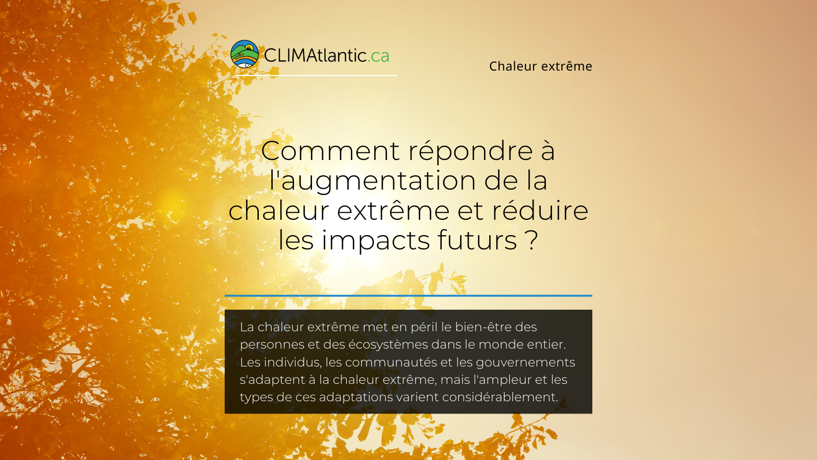 CLIMAtlantic-extreme-heat-FR Le texte se lit "Comment répondre à l'augmentation de la chaleur extrême et réduire les impacts futurs ? La chaleur extrême met en péril le bien-être des personnes et des écosystèmes dans le monde entier. Les individus, les communautés et les gouvernements s'adaptent à la chaleur extrême, mais l'ampleur et les types de des adaptations varient considérablement." À l'arrière-plan, on aperçoit un arbre derrière lequel le soleil brille.