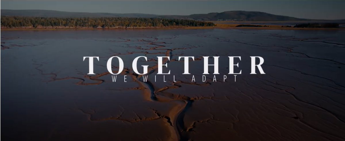 The words "Together we will adapt" over an image of tidal flats with trees in the distance.