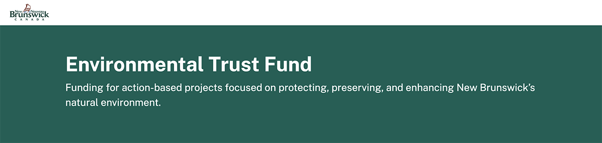 The words "Environmental Trust Fund, Funding for action-based projects focused on protecting, preserving, and enhancing New Brunswick's natural environment" in white on a dark green background. The New Brunswick government logo is in the top left.