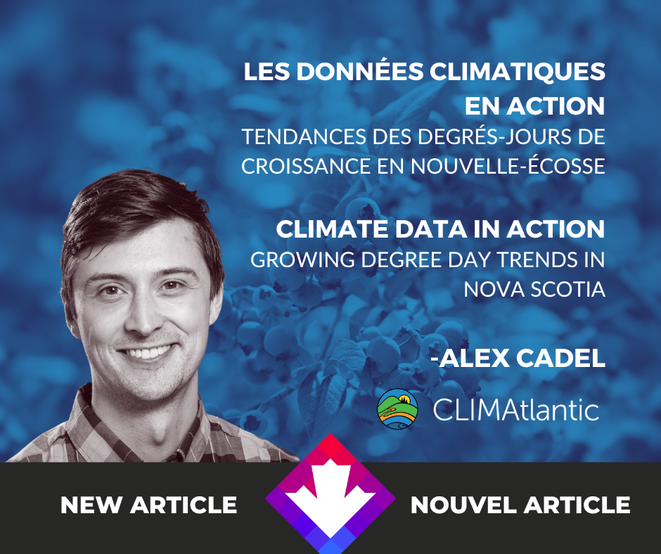 A promotional image for the article "Climate data in action: Growing degree day trends in Nova Scotia" by Alex Cadel, CLIMAtlantic's Provincial Specialist - Nova Scotia.