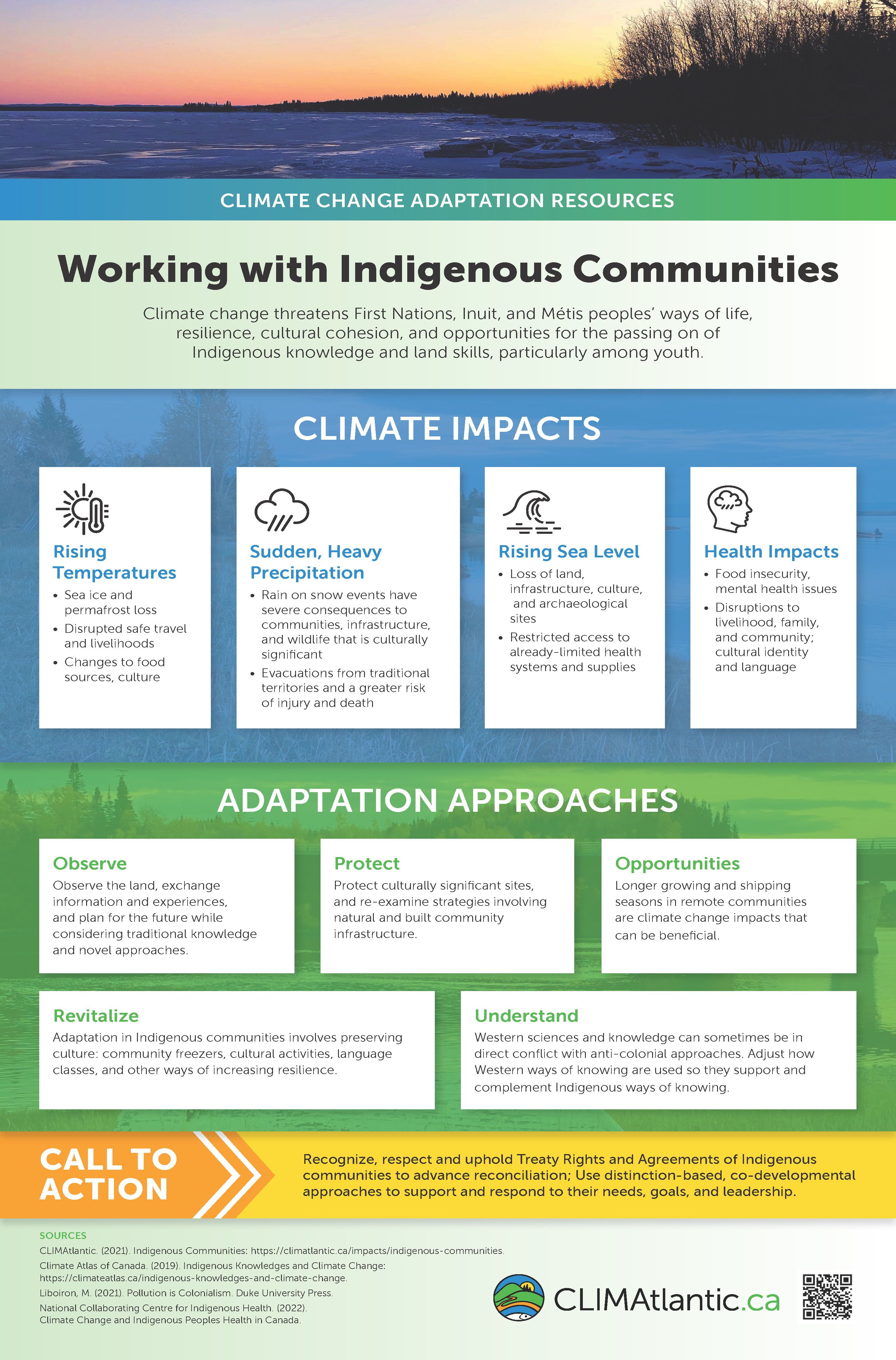 CLIMAtlantic-Working-with-Indigenous-Communities-Infographic An infographic which examines how climate change affects First Nations, Inuit and Métis peoples and their communities and provides some context on the priorities for some of those communities. Click for full infographic.