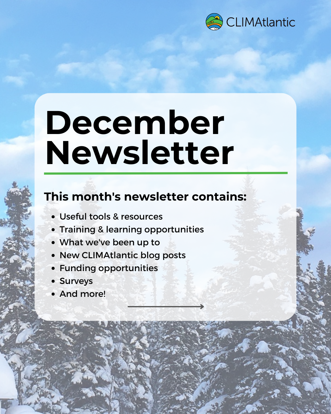 A promotional graphic for CLIMAtlantic's December Newsletter, with a snowy forest in the background.