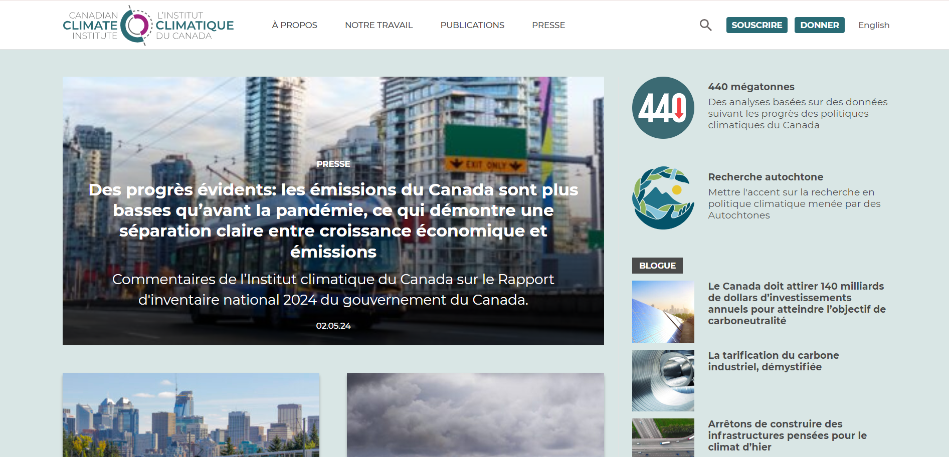 Capture d'écran de la page d'accueil du site web de l'Institut canadien du climat, réalisée le 27 mai 2024.