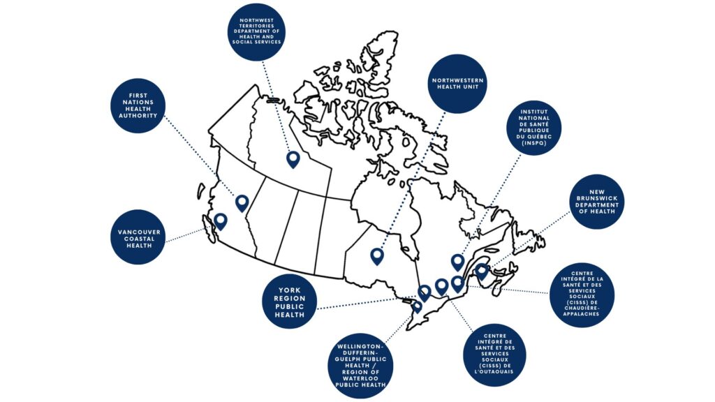 xr:d:DAF5aN9Dcb4:19,j:4676277287350559740,t:24010918 A map of Canada that has ten locations, which are spread across the country, pinned. Each pinned location represents one of the ten HealthADAPT partners.
