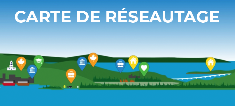 CLIMAtlantic-Tools-Networking-Map Les mots "Networking Map" flottent au-dessus d'une carte en 3D avec des épingles colorées.