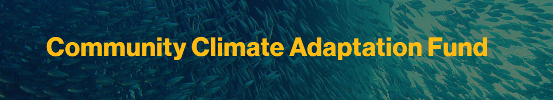 Fonds d’adaptation climatique communautaire Texte jaune gras indiquant « Fonds communautaire d'adaptation au climat », avec un banc de poissons en arrière-plan.