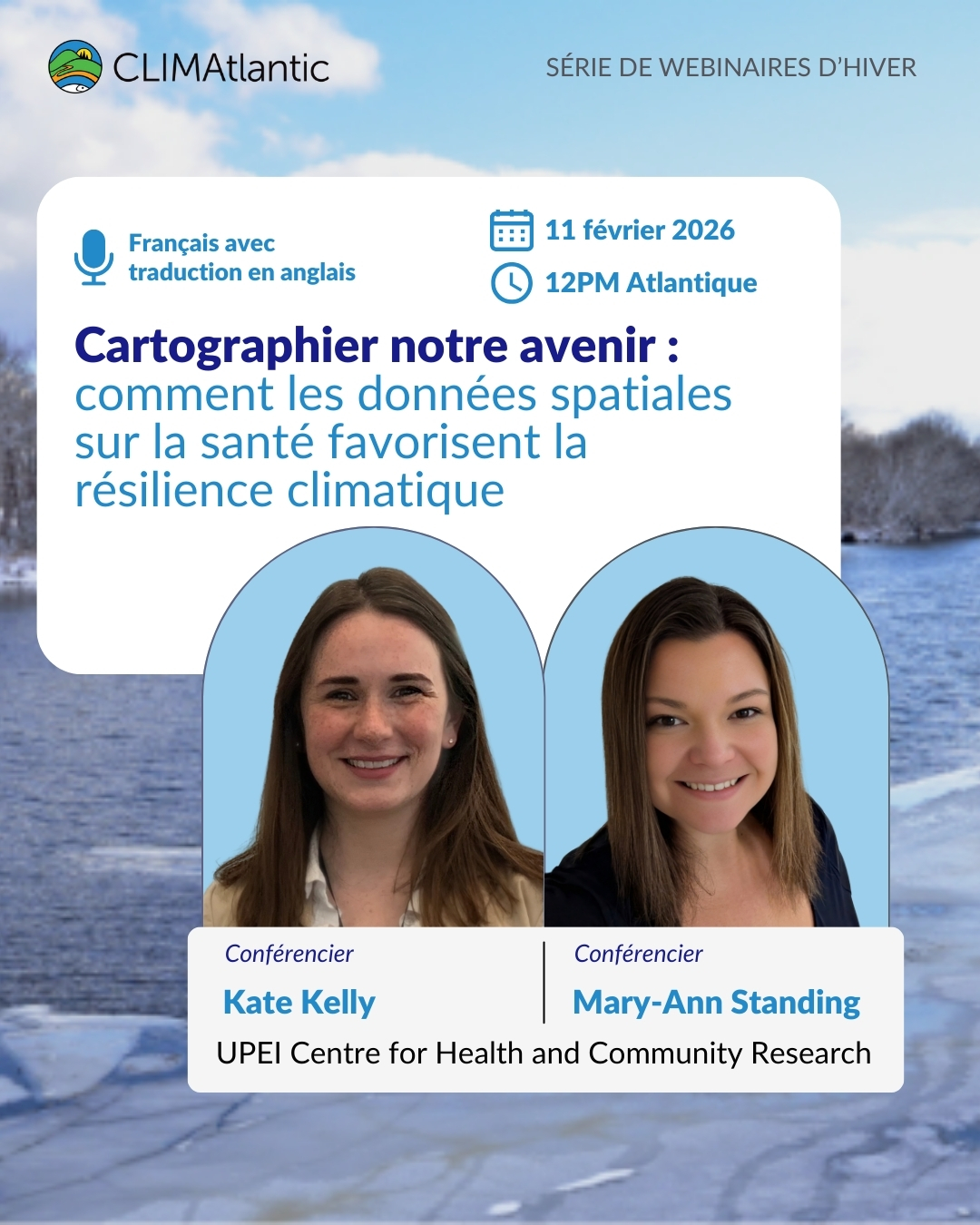 Le français suit A white box including the title of the webinar, a speaker headshot, and a scenic background image. Une boîte blanche comprenant le titre du webinaire, une photo du conférencier et une image d'arrière-plan panoramique.