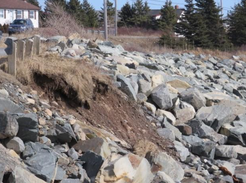Shore Rd_Erosion Le français suit. A close-up image of the part of the coast along Shore Road, which shows a mix of rock armouring and eroding vegetation. Image en gros plan d'une partie de la côte le long de Shore Road, qui montre un mélange d'enrochement et de végétation en voie d'érosion.