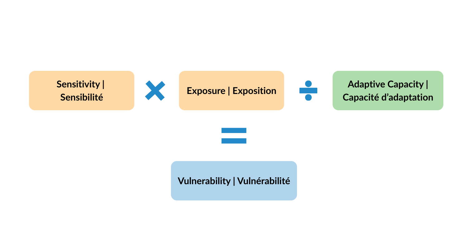 Vulnerability Graphic Graphique illustrant l'équation suivante : Sensibilité x Exposition / Capacité d'adaptation = Vulnérabilité