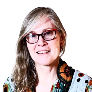 Le français suit. A picture of a person with long hair wearing glasses smiling at the camera, framed by a blue circle.Photo d'une personne aux cheveux longs portant des lunettes et souriant à l'appareil photo, encadrée d'un cercle bleu.