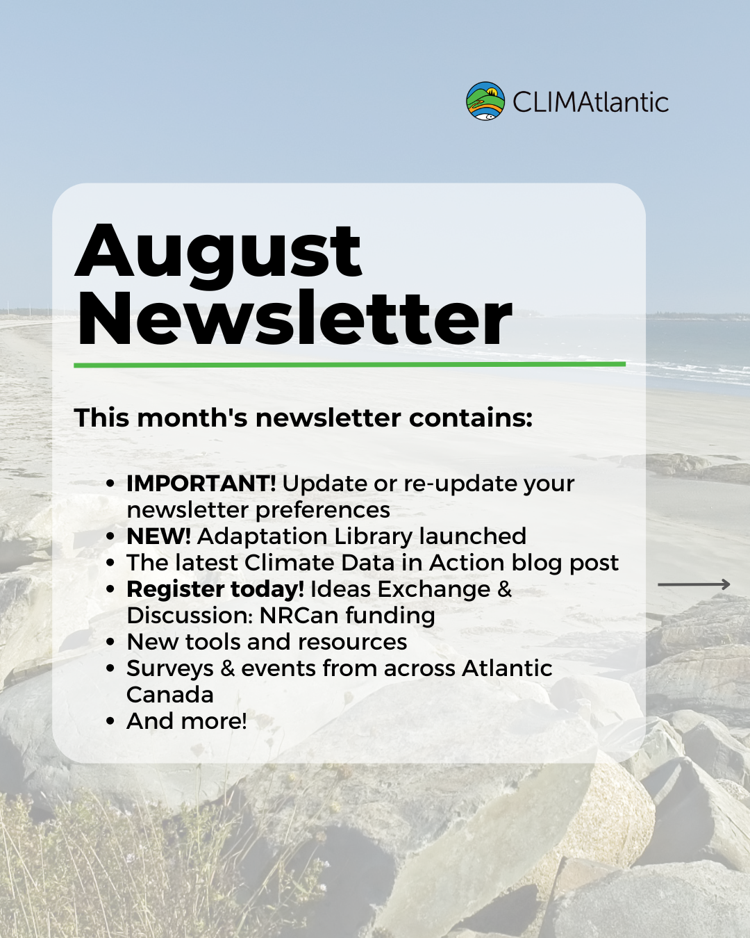 August newsletter promotional photo, lists key topics discussed
