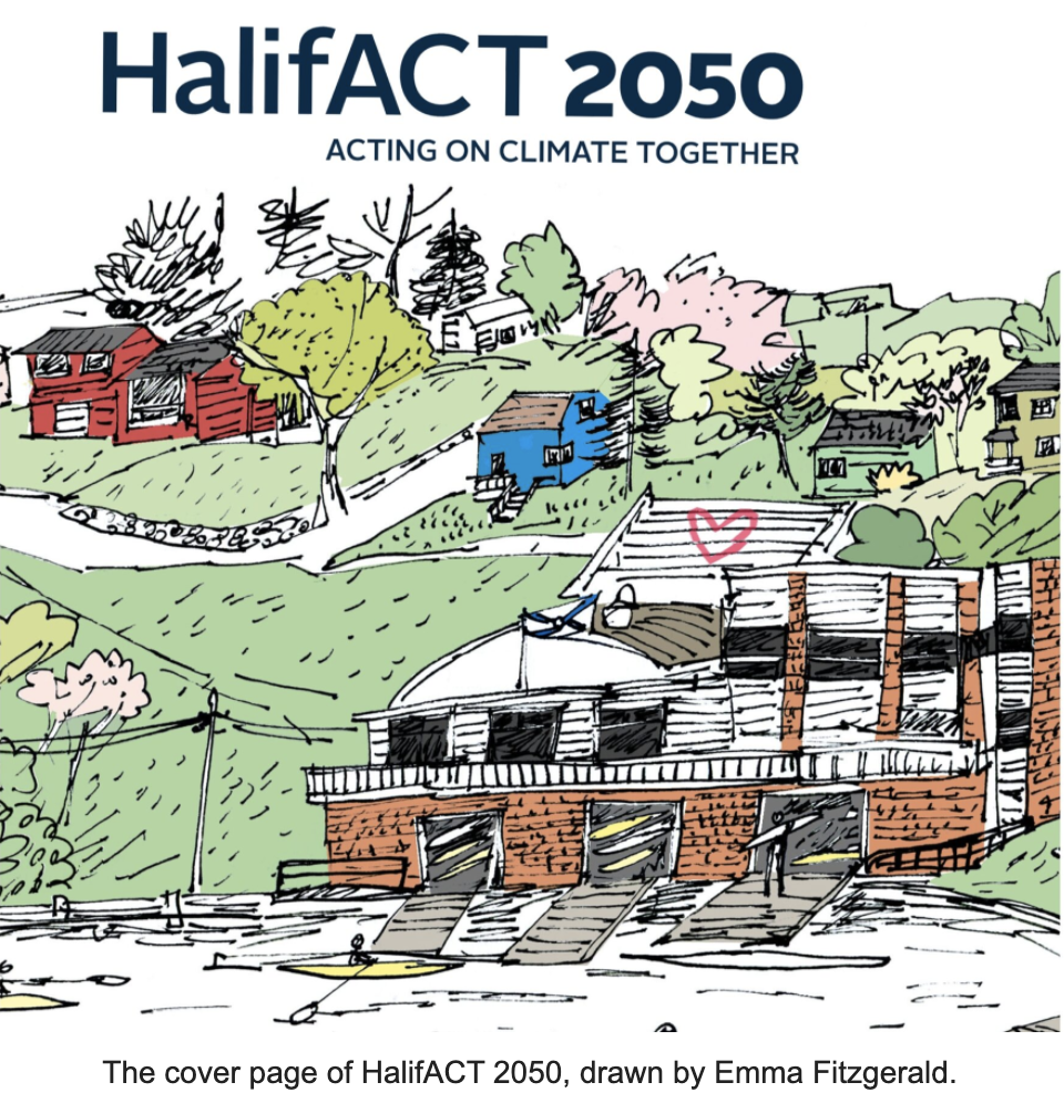 The logo for the HalifACT 2050 climate action plan, which features a sketched image of a lake with buildings and a hill behind it. 
