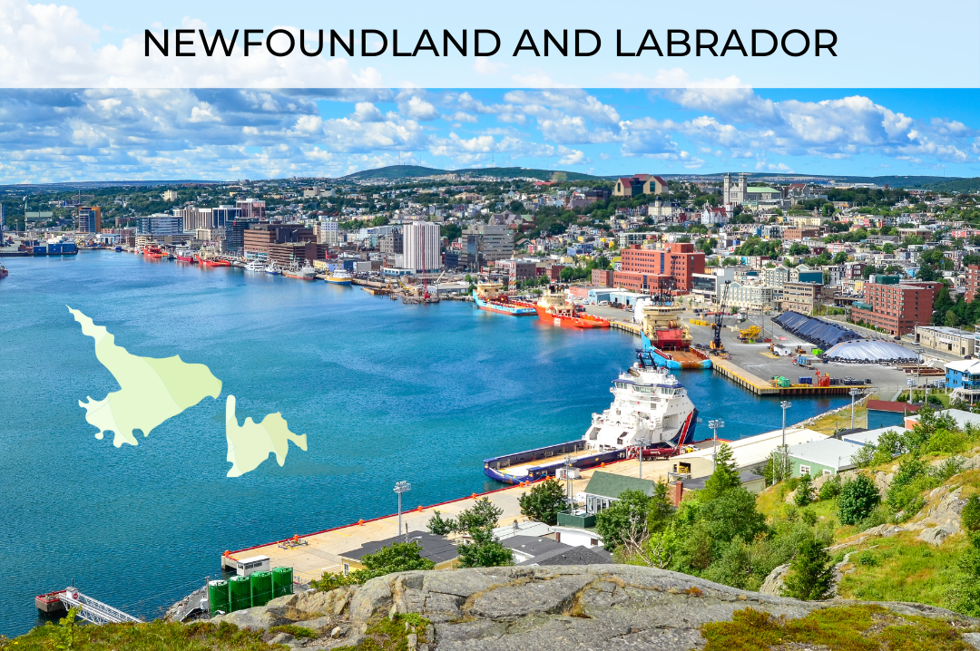 An oceanfront city. Text at the top reads "Newfoundland and Labrador" and there is a map of NL in the left of the image.