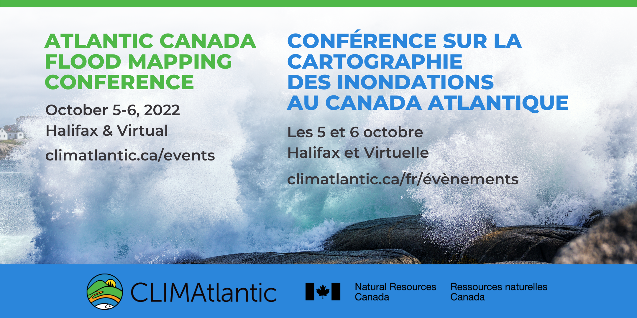 Event banner for the Atlantic Canada Flood Mapping Conference by CLIMAtlantic and NRCAN, which took place in October 2022.