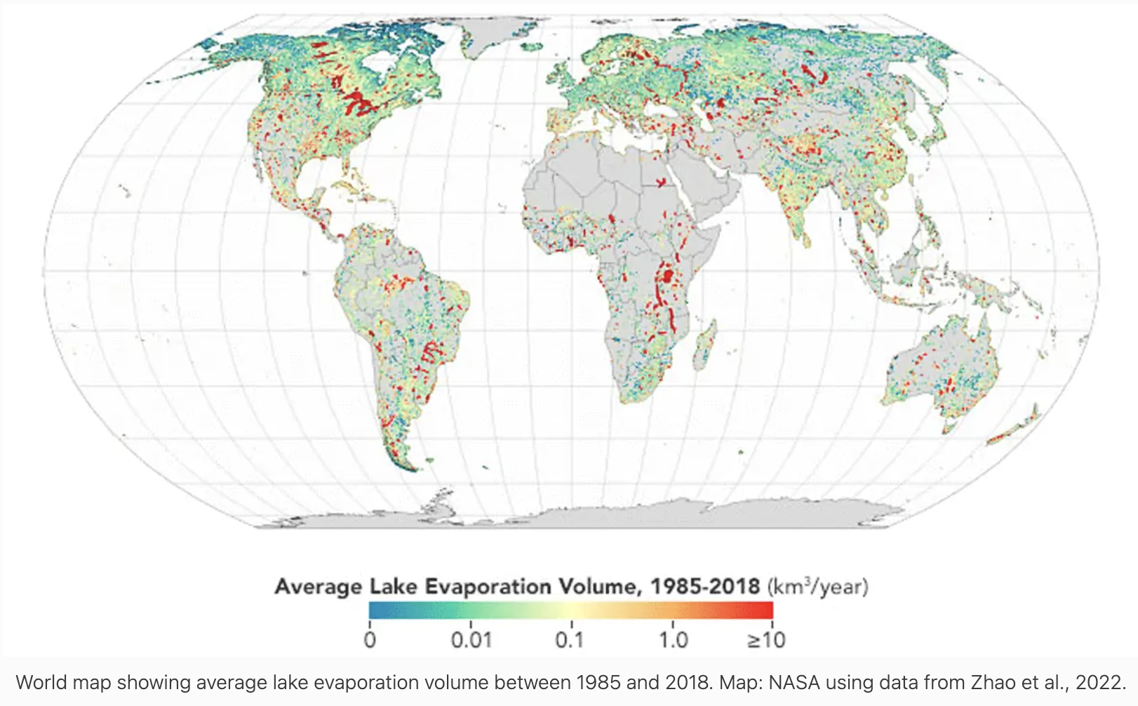 A global map showing lake evaporation volume from 1985 to 2018.