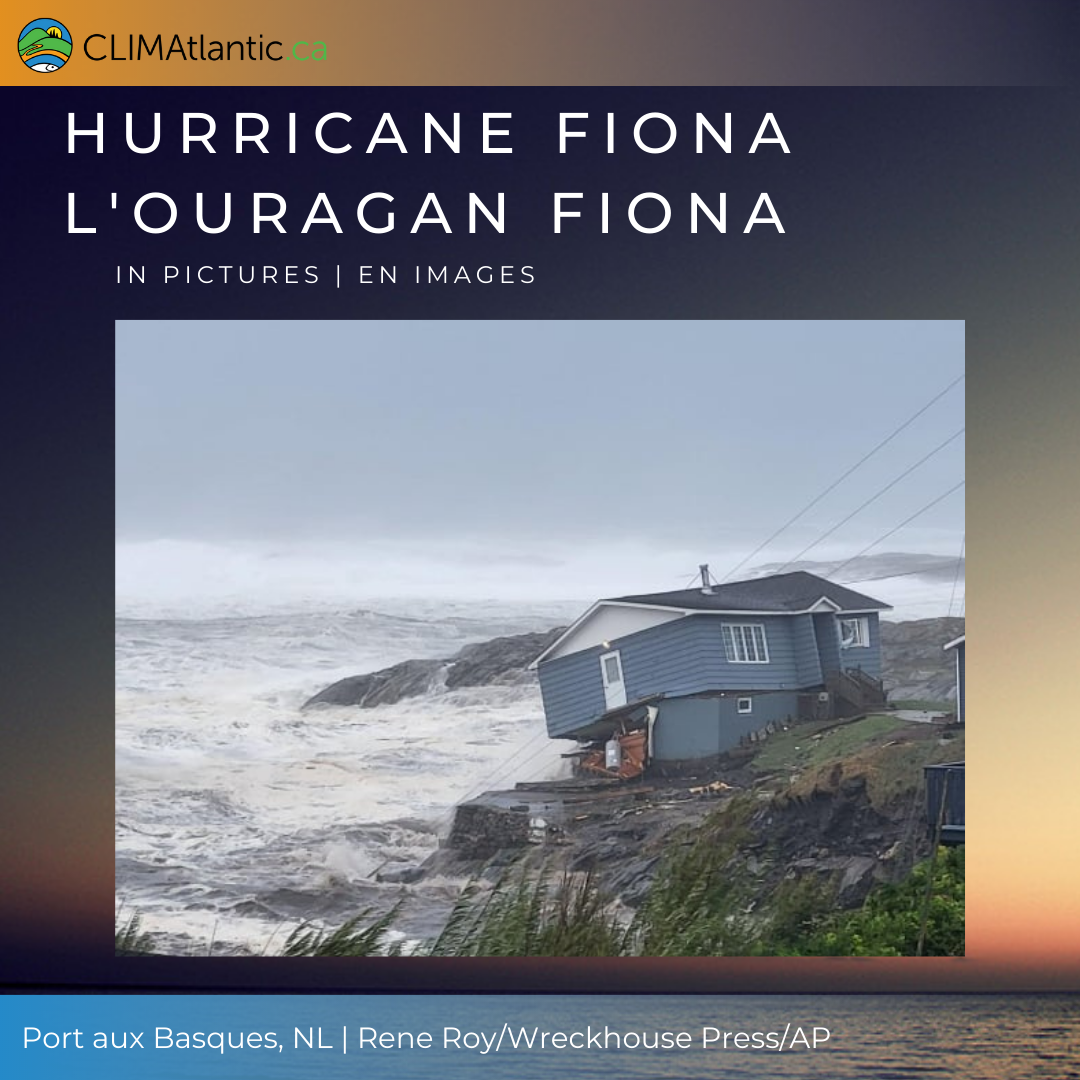 A promotional graphic for the book "Hurricane Fiona in Pictures", featuring an image of a collapsing house next to a stormy ocean.