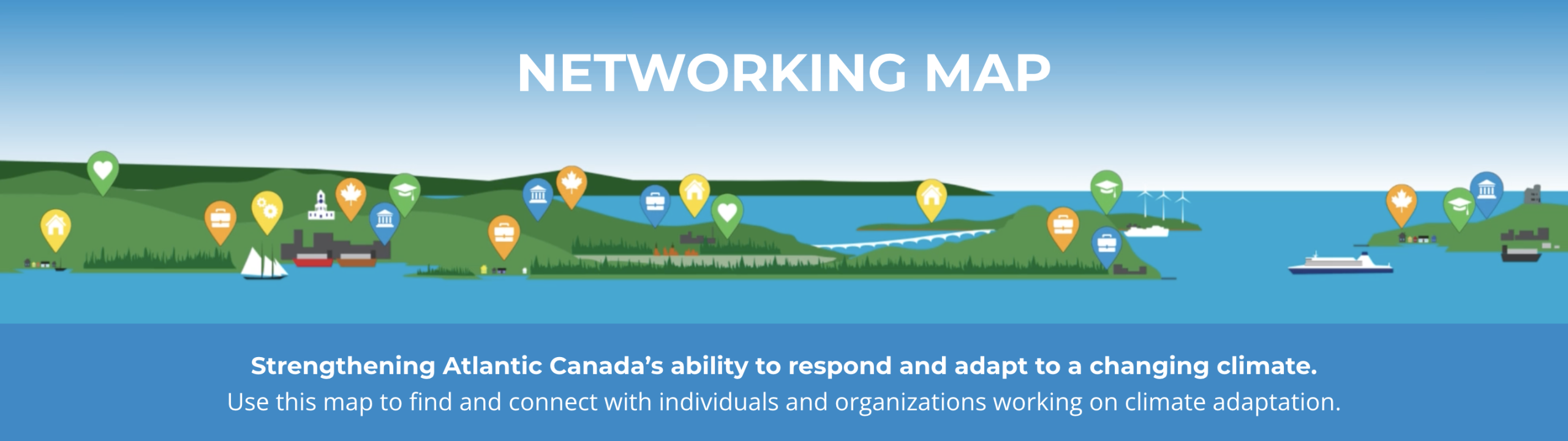 Les mots "Networking Map" flottent au-dessus d'une carte en 3D avec des épingles colorées.
