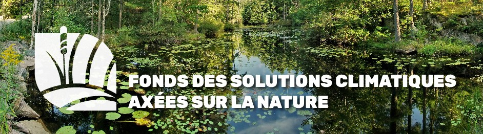 Les mots "Fonds des solutions climatiques axées sur la nature" au-dessus d'une rivière entourée de verdure.