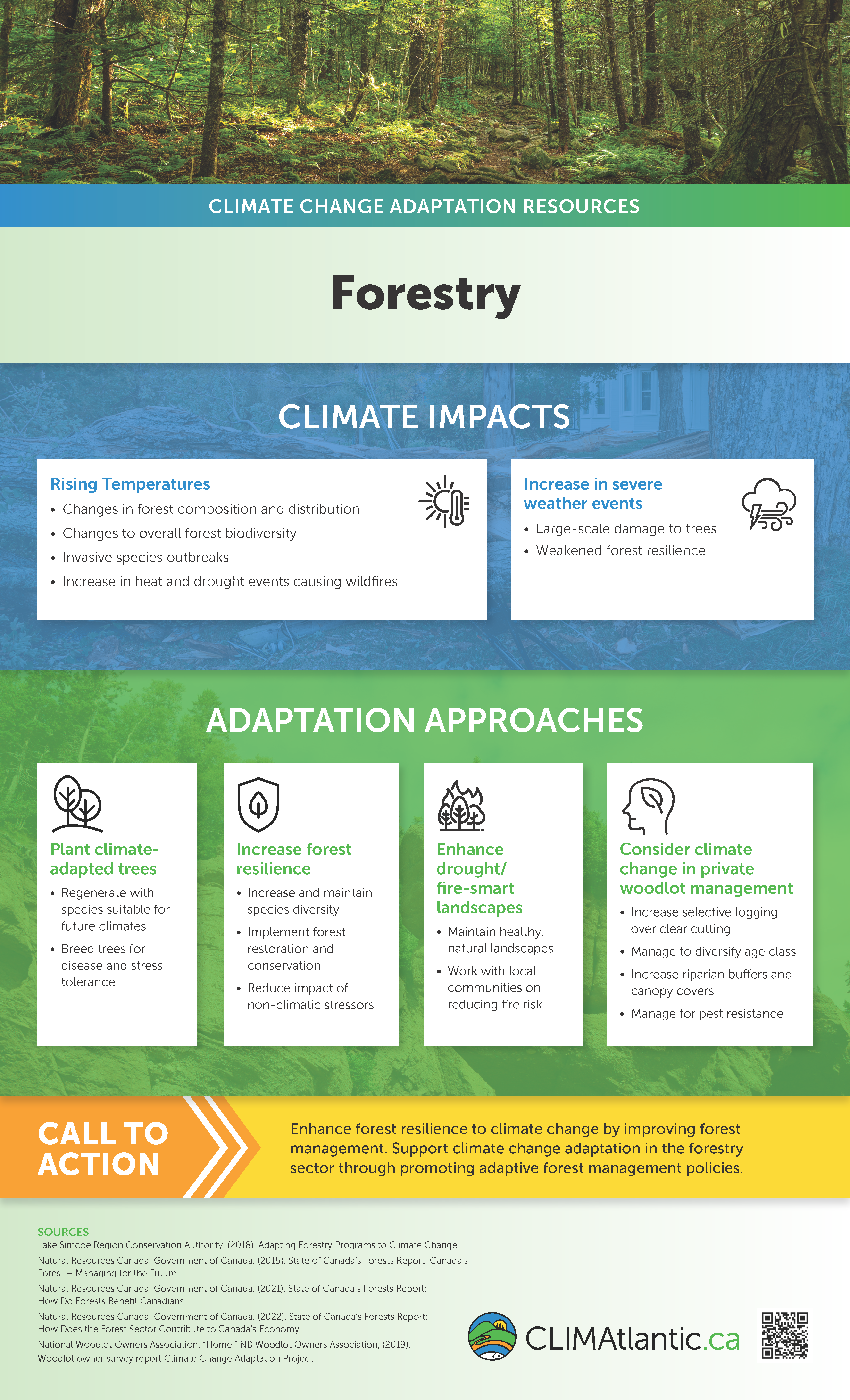 An infographic explaining the impacts of climate change on forests and suggested adaptation approaches. Click for full infographic.