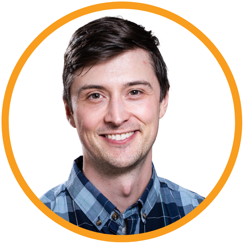 Alex Cadel smiles at the camera for a headshot which is framed by an orange circle. 