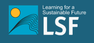 Learning for a Sustainable Future logo. Blue background, light blue logo with yellow circle and black lines. White text over darker blue background.