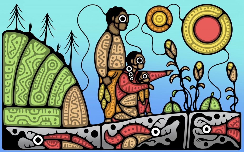 Une peinture vibrante d'un couple d'autochtones et de leur petit enfant, soulignée par un soleil, qui met en valeur l'unité et le lien avec l'environnement.