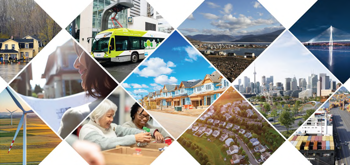 Un collage d'images représentant les transports, le logement, les éoliennes, les activités communautaires et les paysages urbains.