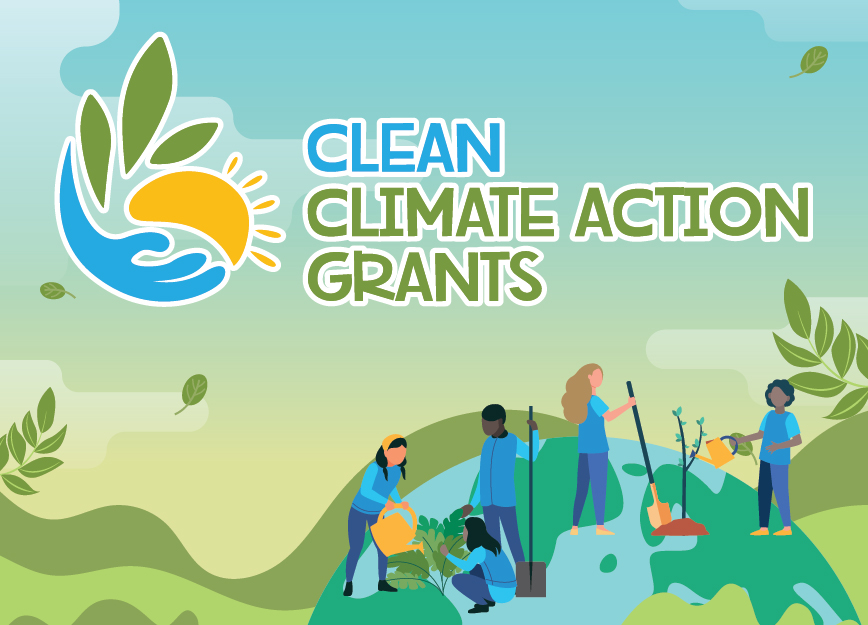 Illustration of people gardening on the earth's surface under "Clean Climate Action Grants" text, with a logo featuring a wave, leaf, and sun against a green landscape background to the left.