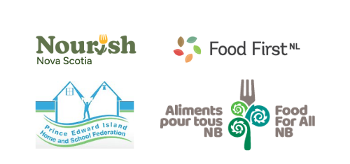 Les logos de Nourish Nova Scotia, Food First NL, PEI Home and School Federation et Nourish Nova Scotia.