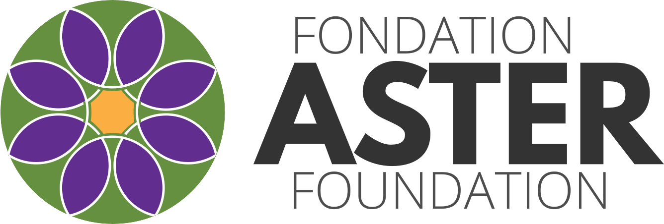 Le logo de la Fondation Aster, qui comprend une fleur aux pétales violets.