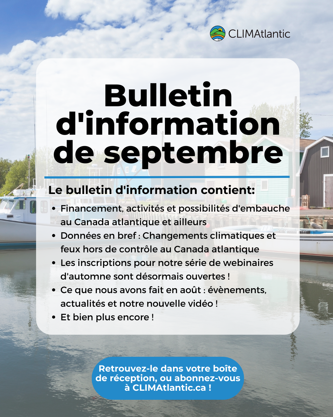 image lists the topics in our monthly newsletter - this image is in french.