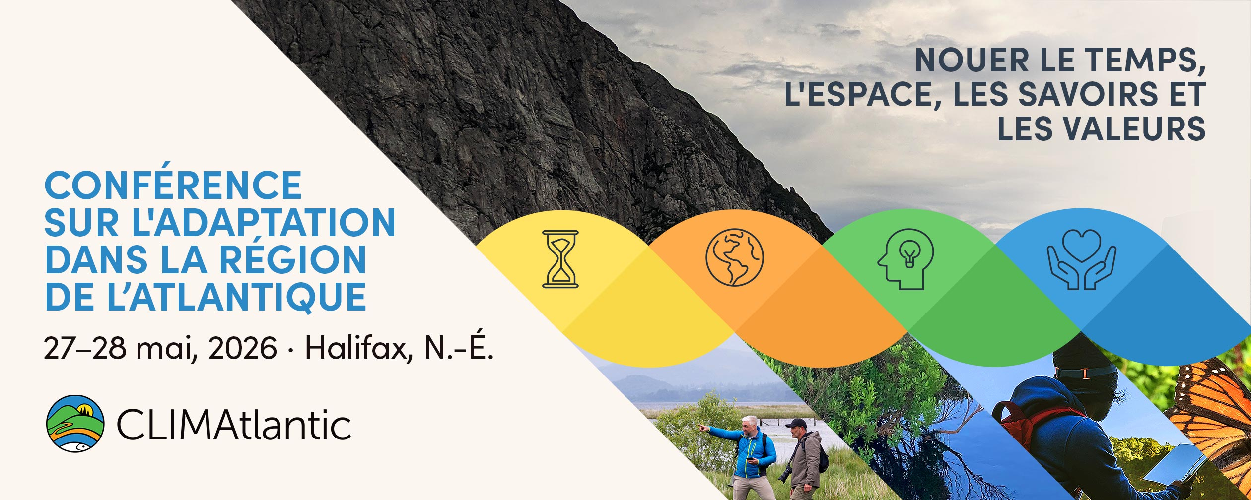 Le français suit Atlantic Adaptation Conference Banner with a yellow, orange, green, and blue braid. Conférence sur l'adaptation à l'Atlantique Bannière avec une tresse jaune, orange, verte et bleue.