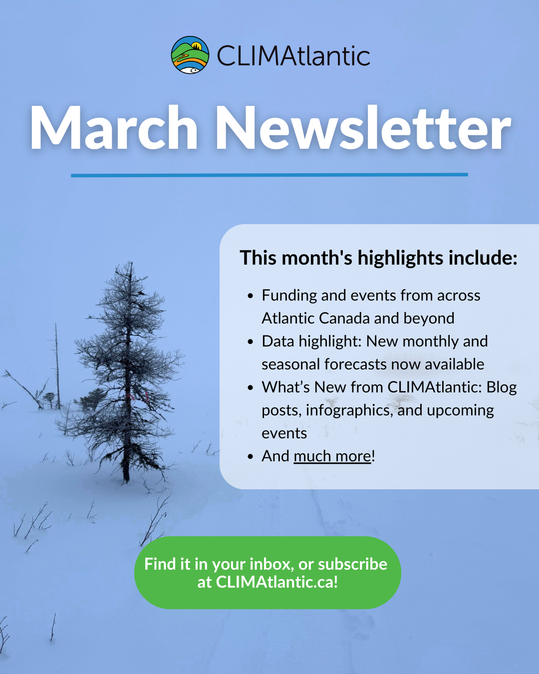 Le français suit. A list of content included in the March 2026 newsletter, with a scenic background. Liste du contenu inclus dans la newsletter de mars 2026, avec un arrière-plan pittoresque.