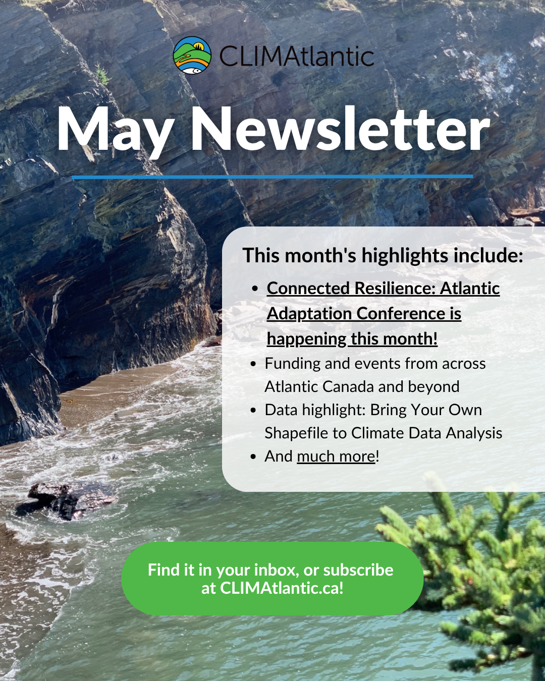 Le français suit. A list of content included in the April 2026 newsletter, with a scenic background. Liste du contenu inclus dans la newsletter de avril 2026, avec un arrière-plan pittoresque.